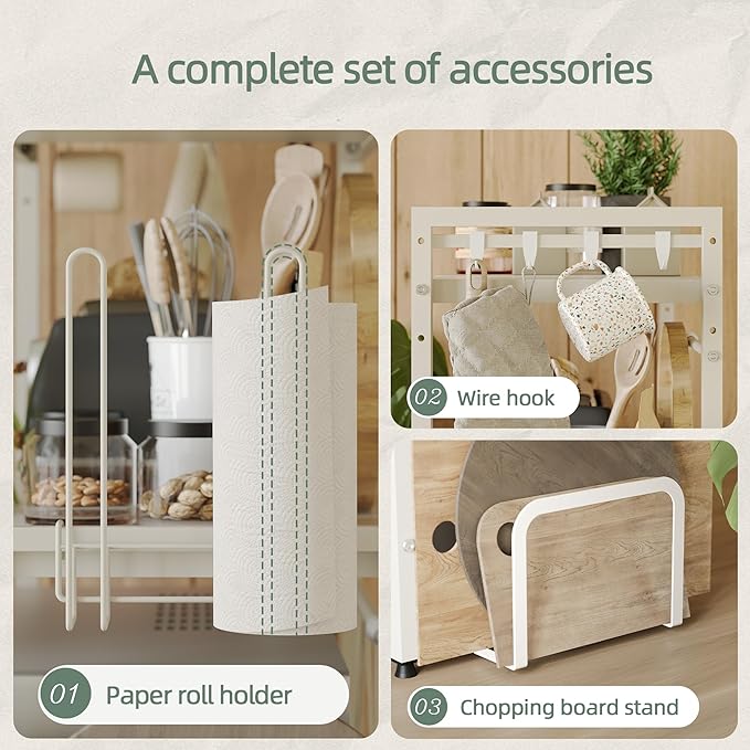 NETEL Expandable Microwave Stand,3 Tier Metal Kitchen Countertop Organizer Shelves with Paper Towel and Chopping Board Holder,Microwave Shelf,Microwave Oven Rack,110lbs Weight Capacity,White