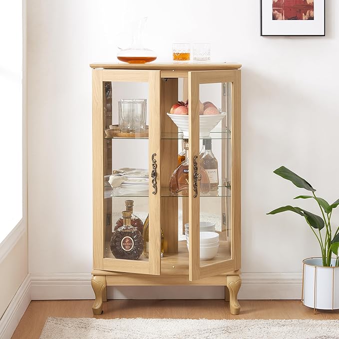 43" H Lighted Curio Cabinet Display Case, Glass Curio Cabinet with Adjustable Shelves & Tempered Glass Door, Wooden Cabinets with Mirrored Back Pane for Living Room (Light Oak)
