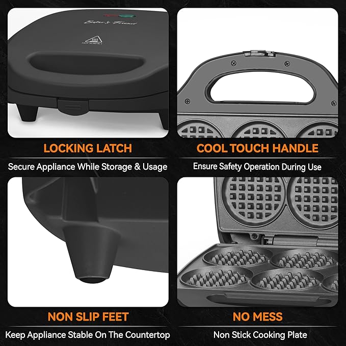 Baker's Friend Multi Mini Waffle Maker Machine, 6 x 3'' Small Waffle Iron, Perfect for Families and Individuals Use, Excellent Choice for Breakfast Brunch Parties & Events, Graphite