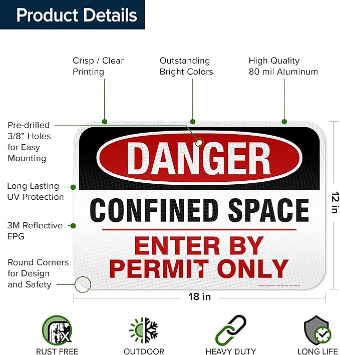 Danger Confined Space Enter By Permit Only Sign, 12x18 Inches, 3M EGP Reflective, Rust Free .063 Aluminum, Fade Resistant, Made in USA by My Sign Center
