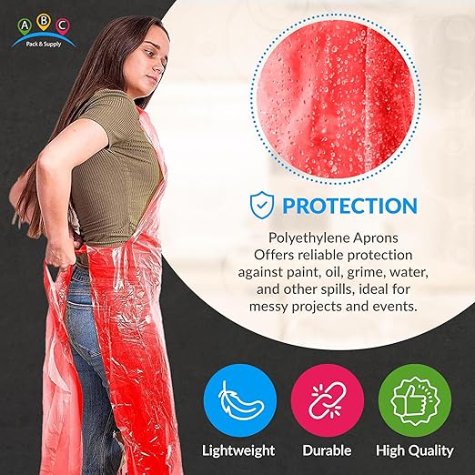ABC PACK & SUPPLY Red Plastic Disposable Aprons Adults for Painting, 28 x 46 Inches. Pack of 1000 Disposable Plastic Aprons, 1 Mil. Unisex Waterproof Polyethylene Painting Apron for Food Industry