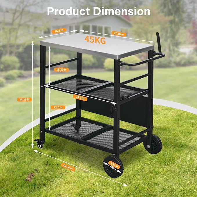ROVSUN Stainless Steel Foldable Grill Table Cart, Outdoor Food Prep Rolling Cart with Wheels and Storage Shleves, Paper Towel Holder, Easy Movable Kitchen Island for Home, Patio, Pizza Oven