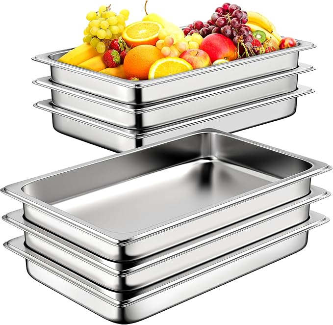 6 Pack Hotel Pans, 1/1 Full Size 2.5 Inch Deep Steam Table Pan, Stainless Steel Commercial Food Pan Anti Jam Steam Pan, Breading Trays for Hotel, Party, Buffet, Catering Supplies