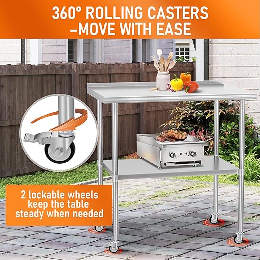 Stainless Steel Prep Table 24" X 36" with Adjustable Undershelf, Backsplash and Wheels, Commercial Metal Workstations for Kitchen, Garage, Outdoor BBQ