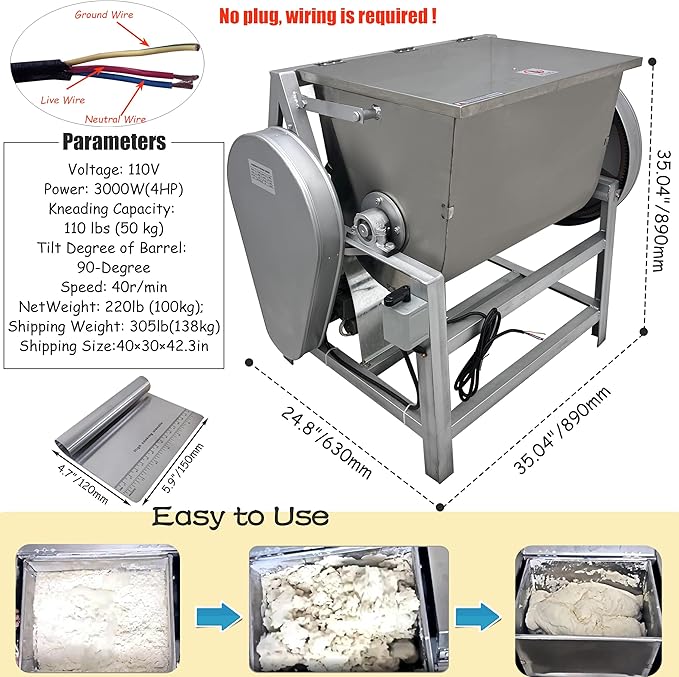 INTSUPERMAI 110V Commercial Dough Mixer Machine Kneading Capacity Electric Food Mixer Flour Mixer for Dough Mixing Kneading (Standard, 50KG/110LBS)