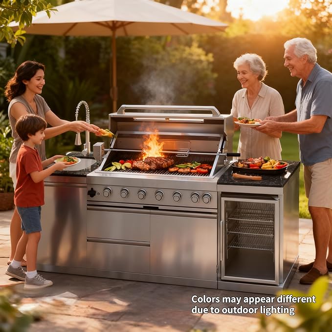 82 Inches 6-Burner 85000 BTU Natural Gas Outdoor Kitchen Island with Grill with Wine Cooler, Compact Refrigerator, Rotisserie, Granite Countertops & Storage, Silver