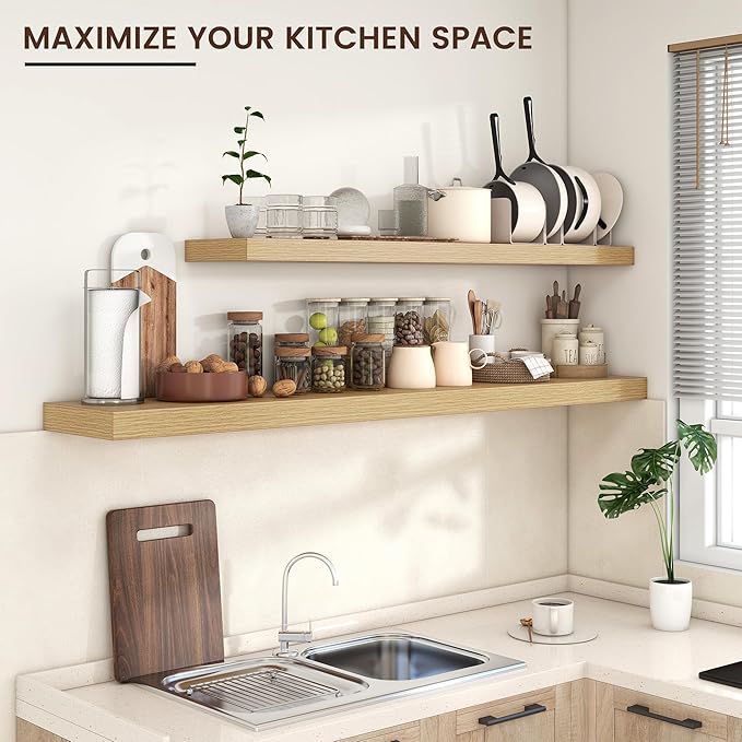 Floating Shelves for Wall 72"W x 11.6"D x 2"H, Long Engineered Wood Wall Shelves with Invisible Brackets for Living Room Bedroom Bathroom Office Kitchen Decor and Storage, Oak Finish, Set of 1