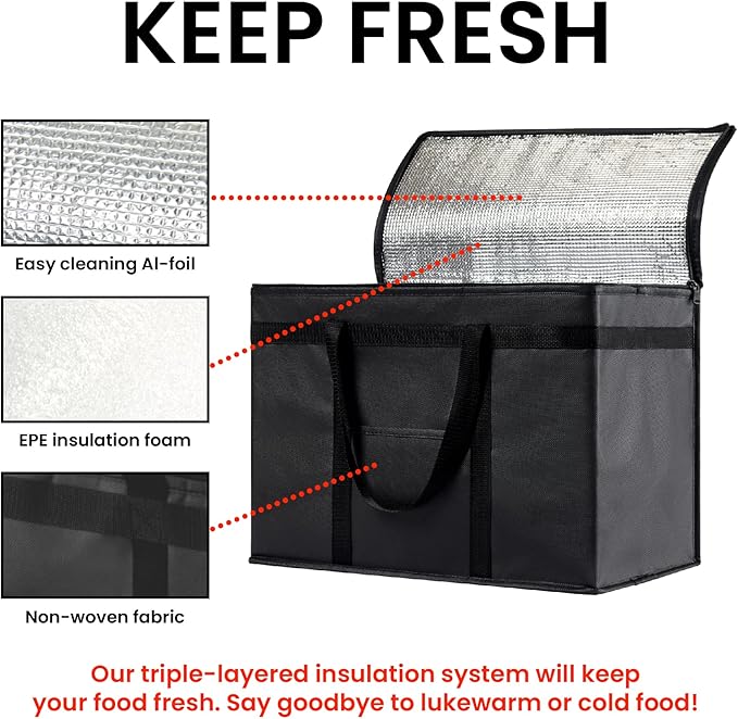 NZ home Insulated Bags for Food Delivery (XL Plus) Grocery Shopping Cooler Bag, Pizza Delivery, Hot & Cold Catering Tote, Reusable, Foldable & Heavy Duty (2 Pack, Orange)