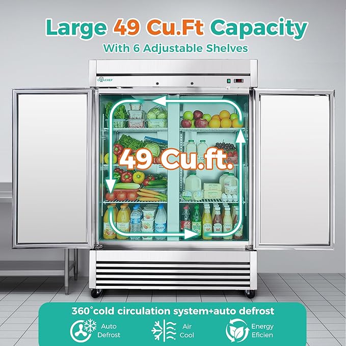 COOLCHEF 54" Commercial Refrigerator 49 Cu.Ft, Stainless Steel 2 Door Reach-in Fridge, 33–40℉, Air Cooling, LED Light, 6 Shelves, R290, ETL