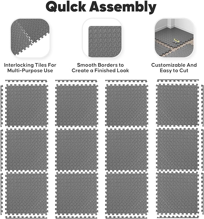 Home Gym Mat, Puzzle Exercise Mat, 1of EVA Interlocking Foam Floor Tiles for Home Workout Equipment and Kids' Play Areas - Grey, 24 in x 24 in x ½ in - 32 Tiles (Grey, 32 Pack 128 sq ft)