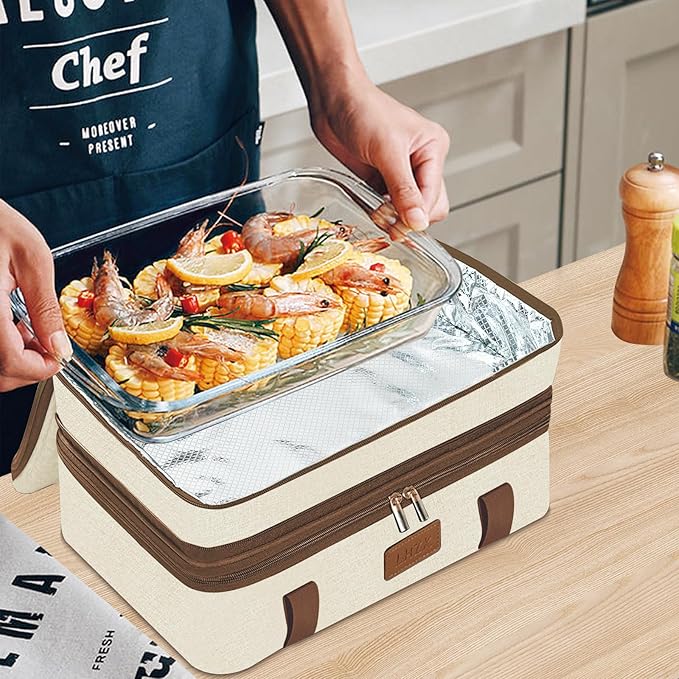 LHZK Double Decker Insulated Casserole Carrier for Hot or Cold Food, Expandable Hot Food Carrier, Lasagna Holder Tote for Potluck Parties, Picnic, Beach, Fits 11 x 15 or 9 x 13 Baking Dish (Beige)