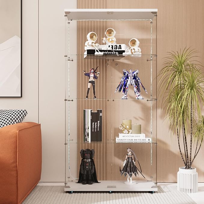 Glass Display Cabinet with LED Light Strip, 4 Shelves with 2 Doors, Curio Storage Cabinets with Lock & Caster for Living Room, Office, Floor Standing Glass Bookshelf, Quick Installation - White