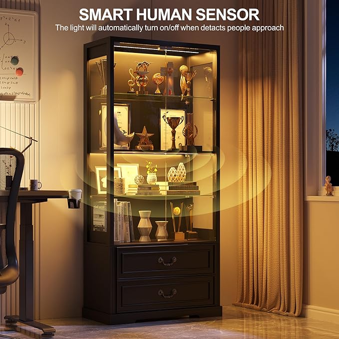 67" Tall Display Cabinet with Glass Doors and 2 Drawers, Adjustable Glass Height Bookcase, Curio Cabinet with 3 LED Lights and Human Body Sensor (Black)