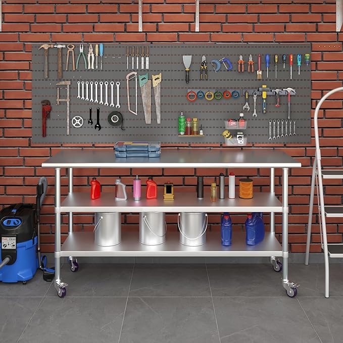 AmGood Stainless Steel Work Table with 2 Shelves and Casters | Metal Utility Table On Wheels (Stainless Steel Work Table with 2 Shelves + Casters, 72" Long x 24" Deep)