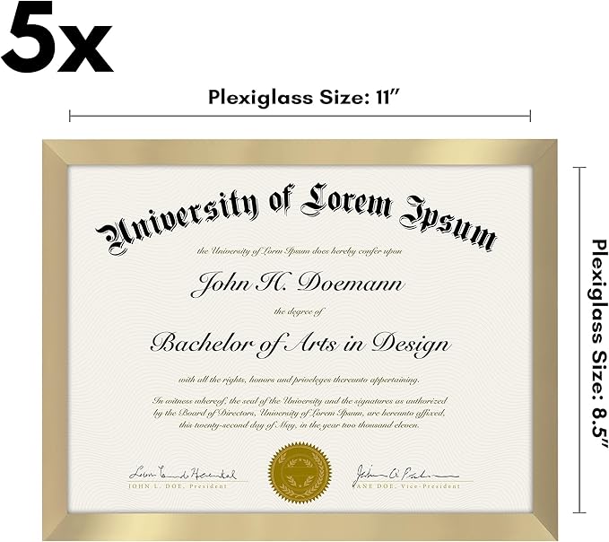 Americanflat 8.5x11 Diploma Frame with Polished Plexiglass - Set of 5 - Legacy Collection - Certificate Frame for Tabletop and Wall Display - Gold