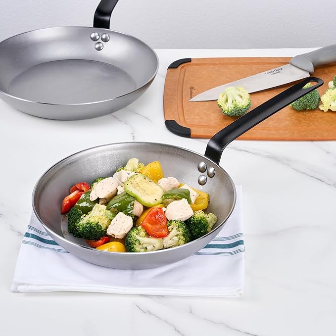 Restaurantware Met Lux 10 Inch Fry Pans, 6 No-Stick Frying Pans - Induction-Ready, Triple-Riveted, Silver Carbon Steel Cooking Skillets, Durable, For Searing, Sauteing, And Browning Food