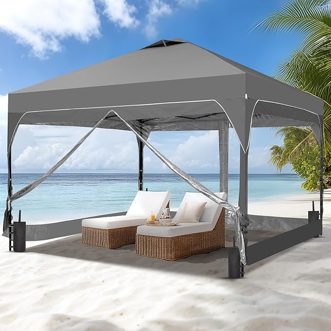 Saemoza 12x12 Pop Up Canopy Tent with One Push Setup, Outdoor Sun Shade Canopy for Backyard Party, Easy Up Instant Shelter with 4 PVC Transparent Sidewalls, 4-Sandbags & Wheel Bag, Grey.