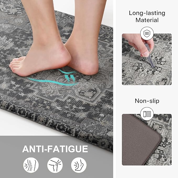 GENIMO Kitchen Mats for Floor 2PCs, Washable Anti Fatigue Mat for Cushioned, 17.3"x59"+17.3"x30", Waterproof Kitchen Rugs, Non Slip Comfort Standing Mat Rug for Home, Sink, Laundry, Dark Gray