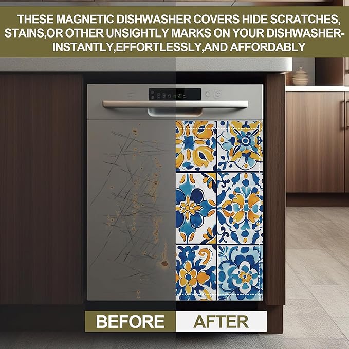 Troditional Spanish Magnetic Dishwasher Cover,Tile Pattern Dishwasher Covers for The Front Magnetic Dishwasher Panel Decal Cover for Kitchen 23x26inch