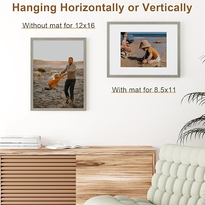 Vittanly 12x16 Picture Frame, Solid Wood Frame with Plexiglass, Includes 8.5x11 Mat, Wall Hanging for Photos, Home Decor, Grey, 1 Pack