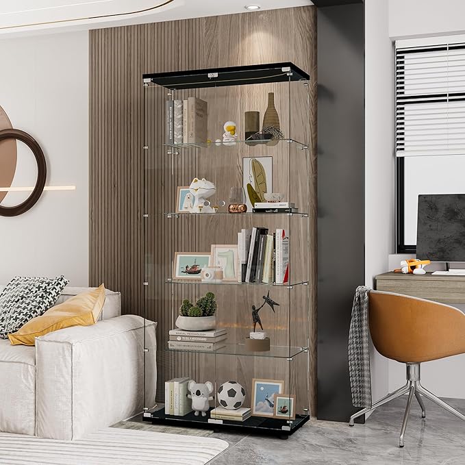 Yoluckea 5 Shelves Glass Display Cabinet with 2 Doors, Floor Standing Clear Glass Curio Cabinet Collection Display Case for Living Room Bedroom 73.82” x 31.69” x 14.37” Black