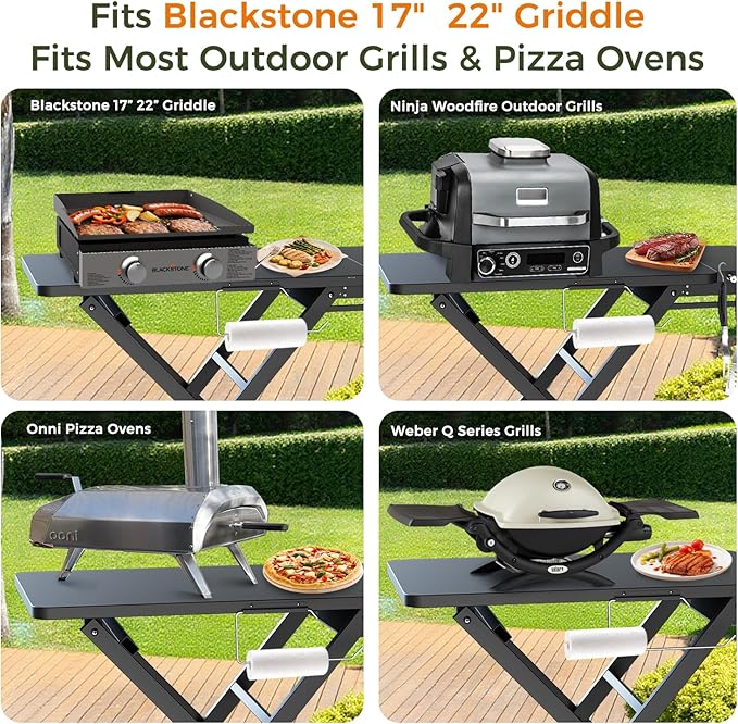 Grill Table Stand for Blackstone 17” & 22” Griddle, Ninja Woodfire Outdoor Grills, Ooni Pizza Oven, 34"x20" Foldable Grill Cart with Wheels and Handle for Camping & Backyard BBQ