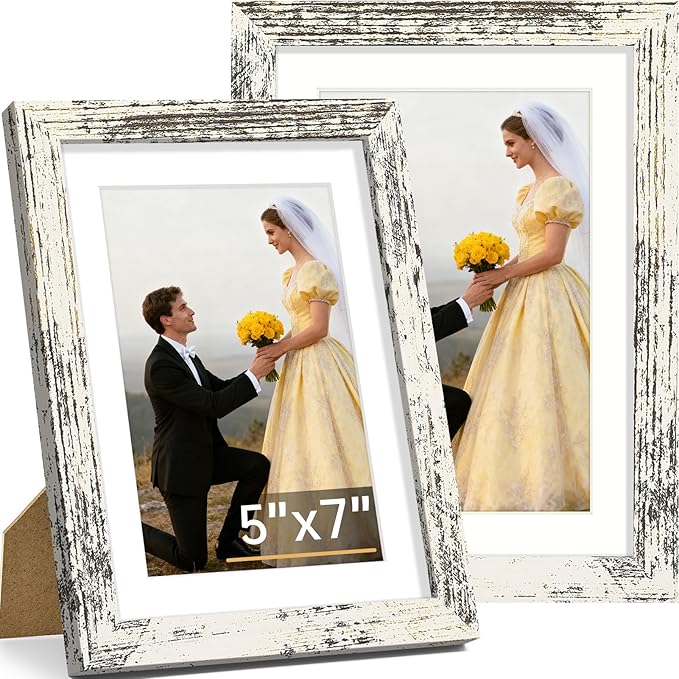 Vittanly 5x7 Picture Frame Set of 2, Solid Wood Frame for Wall or Tabletop, Display Photo 4x6 with Mat or 5x7 without Mat, Distressed White