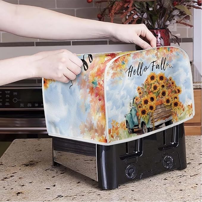 UNICEU Hello Fall 4 Slice Quilted Toaster Covers, Farmhouse Truck with Sunflower Dust-proof Toaster Bread Maker Kitchen Small Appliance Dust Cover