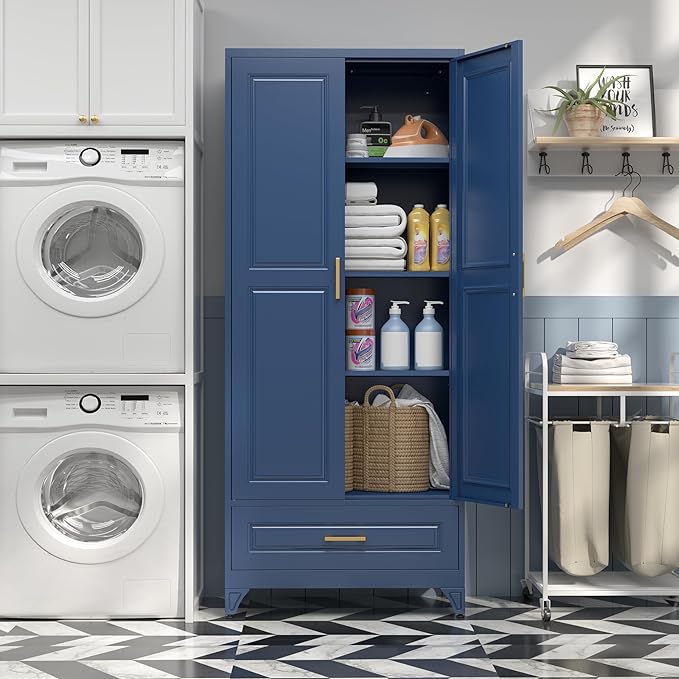 75" Kitchen Pantry Cabinet with Drawer, Metal Storage Cabinets with Doors and 4 Adjustable Shelves,Blue Kitchen Cabinet with 2 Gold Handles,Food Cupboard for Livingroom,Pantry, Bathroom
