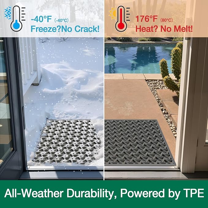 LUMI Outdoor Doormat 19x30, Front Door Mat Outside Entrance, Heavy Duty Rubber Welcome Exterior Door Mat Non Slip Waterproof, Outdoor Rubber Mats with Drainage Holes, Easy Clean Entryway Mats, Grey