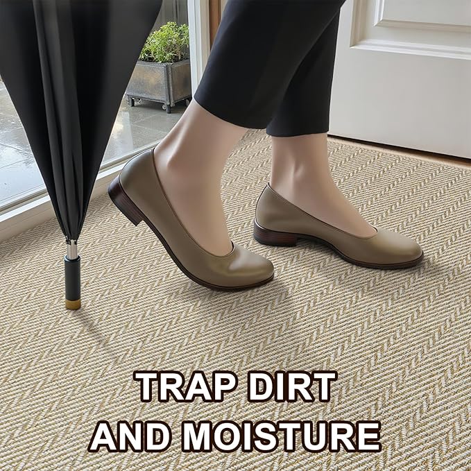 Ultra Thin Door Mat Indoor Entrance 24"x47", Low-Profile Indoor Door Mat, Non Slip Entry Mat Rubber Backing Unique Herringbone Design Inside Doormat Dirt Trapper Entryway Mats, Beige