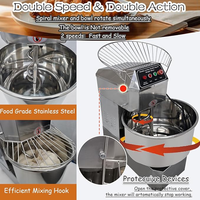 INTSUPERMAI Commercial Dough Mixer Machine Electric Food Mixer with Double Action Double Speed Spiral Mixing for Schools Bakeries Restaurants Pizzerias 110V (Standard Type, 40L)