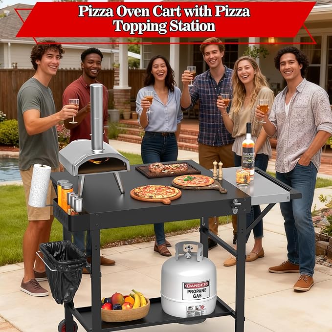 Grill Table for Oon Pizza Oven Accessories, Ninja Pizza Oven Table with Extendable Desk - Fit Gozney, Solo Stove, Durable Outdoor Grill Cart Stand with Food Prep Topping Station for Backyard