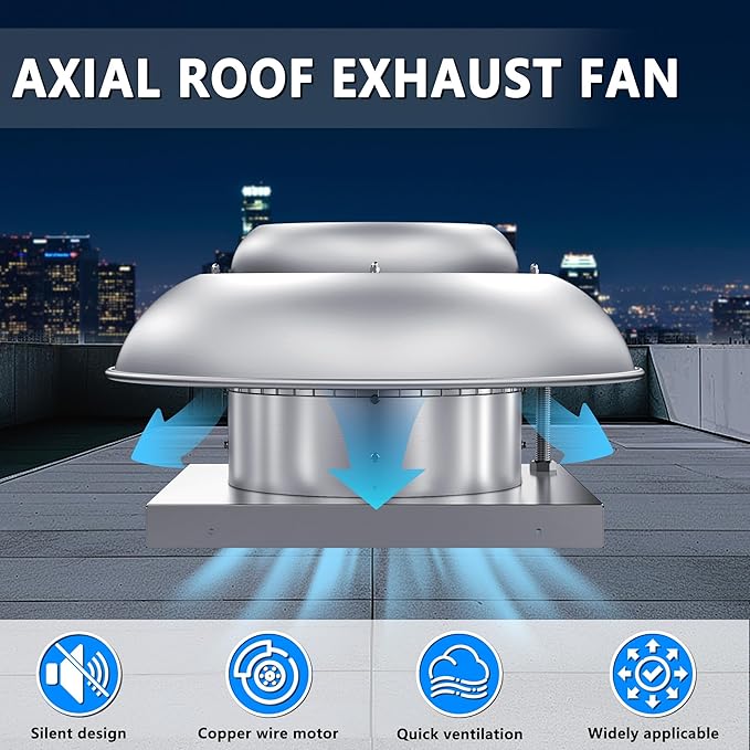Roof Mounted Exhaust Fan Direct Drive Axial Downblast Exhaust Fan -21" Fan Base, 1/6 HP 1160 CFM 115 Volt Single Phase Motor