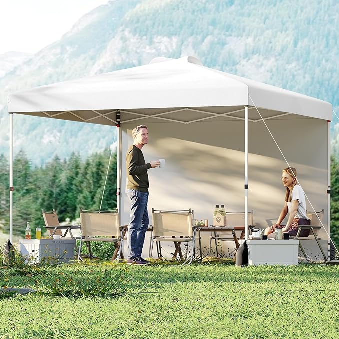 Tangkula 10x10 FT Pop up Canopy with Sidewall, Easy Setup Outdoor Tent with Wheeled Bag, 4 Sandbags, 4 Ropes, 4 Anchors, 8 Stakes, Vented Top, Portable Canopy Tent for Party Event Patio (White)