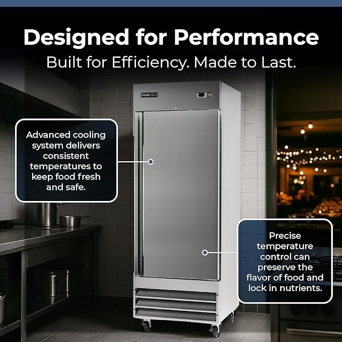 PEAKCOLD Single Door Commercial Refrigerator - 23 Cubic Ft, 29" Wide Stainless Steel Reach-In Commercial Refrigerator with White Internal Lighting - Freestanding Industrial Fridge