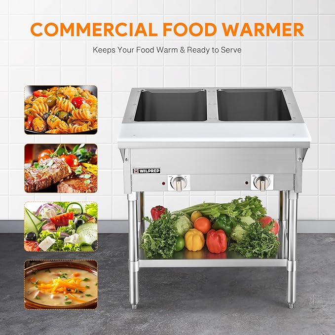 WILPREP 2 Well Commercial Food Warmer, 1000W Electric Steam Table with 8" Cutting Board & Storage Shelf, 30" Stainless Steel Steam Table Food Warmer with Knob Control for Catering Buffets Restaurants
