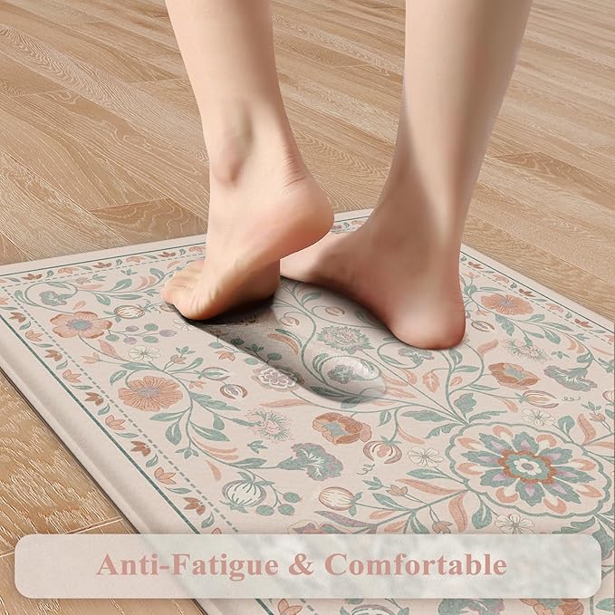 KIMODE Comfort Kitchen Mats Cushioned Anti Fatigue,Boho Floral Kitchen Rugs Sets of 2 Non Slip,Wide Padded Memory Foam Ergonomic Standing Carpet for Laundry Sink Office,Pink