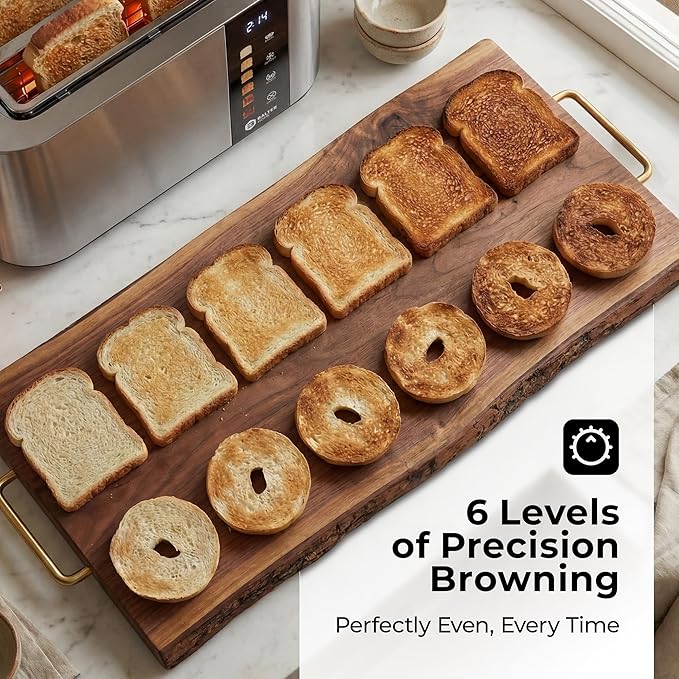 Toaster 4 Slice Wide Slot, Bagel Function, Long Slot, Stainless Steel, Touch Screen, Built-in Rack, Extra-Wide 1.5" Slots for Thick Breads & Bagel, Timer, BPA-Free, 6 Levels, Removable Tray