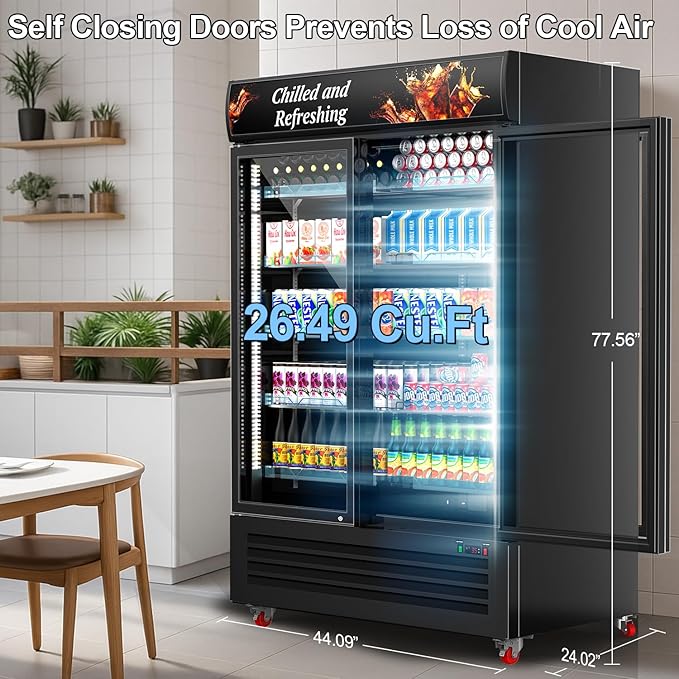 Tylza Commercial Refrigerator, Double Glass Door Display Beverage Fridge, 26.49 Cu Ft Upright Beverage Cooler Merchandiser with Replaceable Advertising Light Board, Rebound Door, Fast Cooling, Black