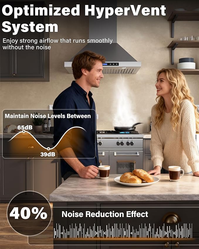 30 inch Stainless Steel Wall Mount Range Hood - 900 CFM, Ultra-Quiet 4-Speed Vent, Touch/Remote Control LCD, LED Lights, Ducted/Ductless Convertible