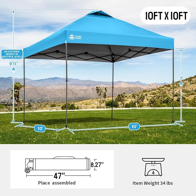 CROWN SHADES Adjustable Height on The Fly, 10x10 Pop Up Canopy - Beach Tent with One Push Setup - Easy Outdoor Sun Shade for Events, Parties, Camping - Outside Shade with STO-N-Go Bag, Sky Blue