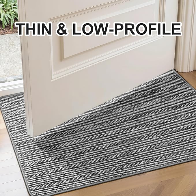 Ultra Thin Door Mat Indoor Entrance 17"x29", Low-Profile Indoor Door Mat, Non Slip Entry Mat Rubber Backing Unique Herringbone Design Inside Doormat Dirt Trapper Entryway Mats, Grey