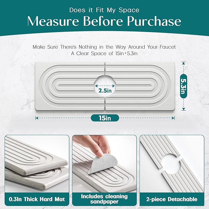 Faucet Mat for Kitchen Sink - Wider Diatomite Fast Drying Stone Sink Tray, Super Absorbent, Prevents Moisture Buildup - Faucet Splash Guard for Bathroom Counter (Light Grey, 15x5.3inch)
