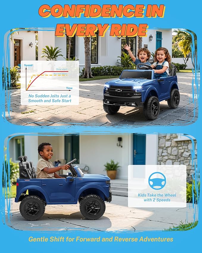 ENYOPRO 2 Seater Ride on Car for Kids, 24V Licensed Chevy Silverado LT Trail Boss Battery Powered Electric Car for Toddlers w/Remote Control, Metal Suspension, Soft Start, Bluetooth, LED Lights (Blue)