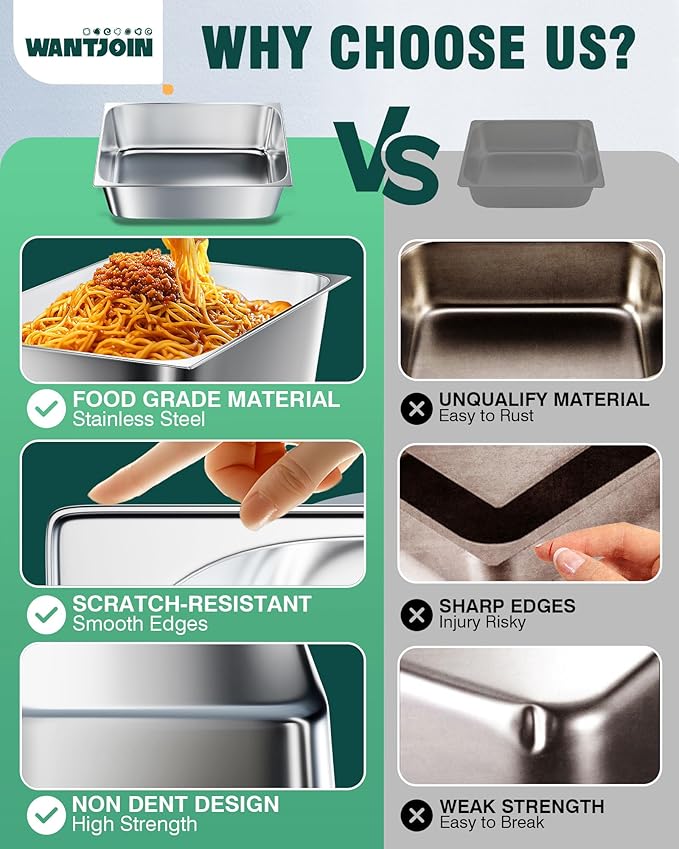 WantJoin Steam Table Hotel Pans 1/1 Full Size 6 Inch Deep 0.9mm Thick 6 Pack, Stainless Steel Metal Tray Sets Food Storage Container for Restaurant Chafing Dishes Commercial Catering Supplies