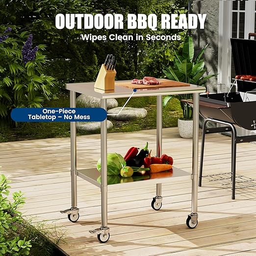 Stainless Steel Work Table with Wheels, 24x30 Inch NSF Kitchen Prep Table with Adjustable Undershelf for Commercial Restaurant, Garage, Outdoor BBQ