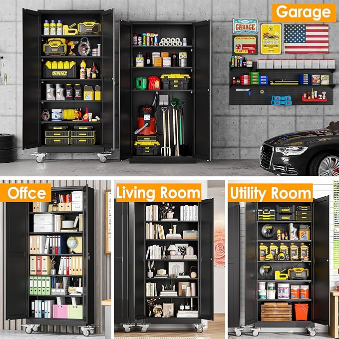 75''H Metal Garage Storage Cabinet with Wheels,Steel File Cabinets with 2 Doors and 5 Adjustable Shelves for Home Office, Warehouse, Required Assembly,Black
