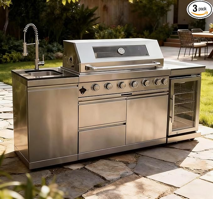 82 Inches 6-Burner 85000 BTU Natural Gas Outdoor Kitchen Island with Grill with Wine Cooler, Compact Refrigerator, Rotisserie, Granite Countertops & Storage, Silver