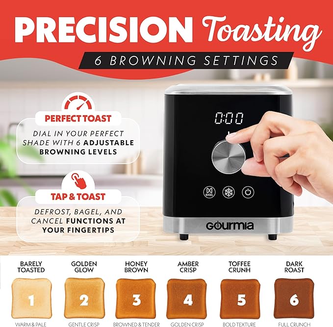Gourmia 2 Slice Toaster – 6 Browning Levels with Bagel and Defrost Mode, One-Touch Toasting, Removable Crumb Tray, Extra Wide Slots, Compact Design, Black